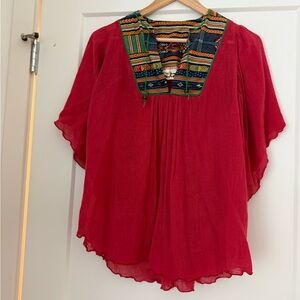 Bohemian Red Blouse with Multicolor Accents